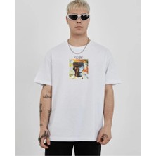 Unisex Bisiklet Yaka Baskılı Oversize T-Shirt - Beyaz