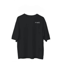 Unisex Bisiklet Yaka Baskılı Oversize T-Shirt - Siyah