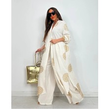 Madame Melek Glow Nakışlı Kimono Takın Uzun Maxi Boy Gömlek Pantolonlu Takım