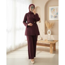 Moda Morfo Önü Çapraz Bağlamalı Yırtmaçlı Scuba Takım  -Bordo