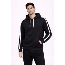 Erkek Şeritli Kapüşonlu Sweatshirt Oversize 3 Iplik Pamuklu - Siyah