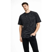 Erkek Asit Yıkama Bisiklet Yaka Kısa Kollu Oversize T-Shirt Tişört - Siyah