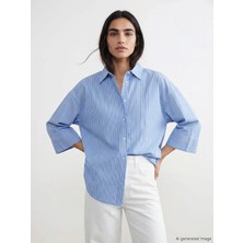 LC Waikiki Mavi Çizgili Oversize Poplin Kadın Gömlek