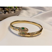 Euro Aksesuar Yeşil Gözlü Yılan Detaylı Zirkon Taşlı Çelik Kelepçe