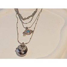 Euro Aksesuar Çelik Katmanlı Zincir Detaylı Zirkon Taşlı Göz ve Oval Madalyon Kombin Kolye