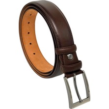 Süzer Deri Koyu Kahverengi Hakiki Deri Düz Renk Dikişli Model 3.5 Cm. Genişlikli Klasik Kemer // XD-219-DKSL-ST