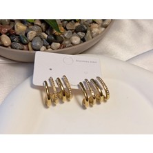 Euro Aksesuar 4 Sıralı Gold Çelik Küpe - Zirkon Taş Detaylı Kaburga Model