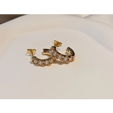 Euro Aksesuar 316L Paslanmaz Çelik Gold Renk Zirkon Taşlı Yarım Halka Küpe (1,5 Cm)