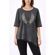 Erline Payetli Parça Boyamalı 3/4 Kol Kadın T-Shırt