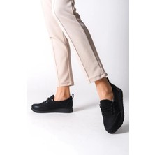 Asmi Shoes Kadın Galina Bağcıklı Lastikli Ortopedik Rahat Taban Taş Detaylı Günlük Babet Anne Ayakkabısı  Siyah