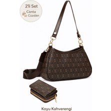 Newish Kadın Omuz Çantası ve Cüzdan Seti 2’li – Monogram Desenli, Fermuarlı Cüzdanlı - NEW395