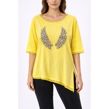 Erline Payetli Parça Boyamalı 3/4 Kol Kadın T-Shırt