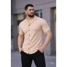Erkek Waffle Kumaş Kısa Kollu Düğmeli Açık Yaka Regular Fit Gömlek - Bej