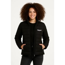 Mikro Su Itici Kapitone Baskılı Astarlı Fermuarlı Bomber Mont - Siyah