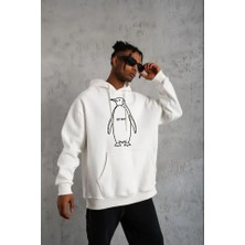 Erkek Nihilist Penguen Özel Tasarım Oversize Kapüşonlu Sweatshirt - Beyaz