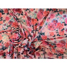 Pembe Çiçek Baskılı Tül Likralı Kumaş 90 gr 150CM En Elbise ,etek , Pareo Modelleri