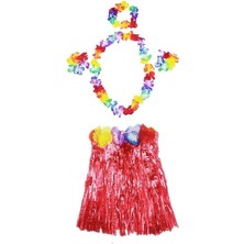 Hawaii  Kolye Etek Taç ve Bileklik Seti Kırmızı