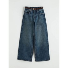 LC Waikiki Indigo Beli Kemerli Wideleg Kadın Jean Pantolon