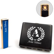 Kişiye Özel Mavi USB Sürgülü Çakmak & Metal Tabaka Hediye Seti