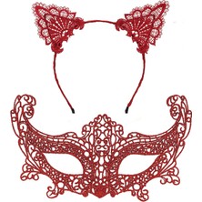K-Yonlineticaret Romantik Kırmızı Dantel Maske Seti – Kedi Kulaklı Taç ve Maske No 3