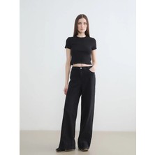 LC Waikiki Siyah Beli Lastikli Wideleg Kadın Jean Pantolon