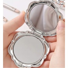 Gaman Mini Katlanabilir Gül Desenli Makyaj Aynası - Gümüş Renk - Çanta Boy Mini Ayna