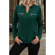 Kadın Uzun Kollu V Hakim Yaka Fermuar Detaylı Viskon Bluz