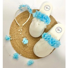 İrembaby Anne Lohusa Seti Mavi Çiçekli Incili Lohusa Tacı Terliği Takımı Gelin Tacı / Çekim