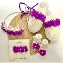 İrembaby Anne Bebek Lohusa Seti Mor Çiçekli Incili Lohusa Tacı Terliği Bebek Ayakkabı Saç Bandı Takımı