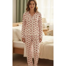 Pijamask Kadın Boydan Düğmeli Kalpli 2'li Pijama Takım