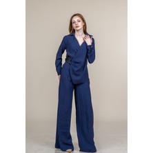 MissVina Pile Arası Kemer Detaylı Ceket ve Beli Lastikli Cepli Rahat Kesim Pantolon Takım 1291