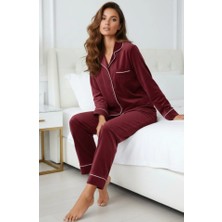 Pijamask Kadın Kadife Boydan Düğmeli Şerit Detaylı 2'li Pijama Takım