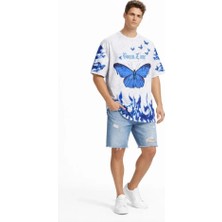 Erkek Asit Yıkamalı Oversize Tişört Mavi Kelebek Baskılı Dijital Print Bisiklet Yaka Streetwear T-Shirt - Beyaz