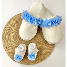 İrembaby Anne Bebek Lohusa Seti Mavi Çiçekli Terlik ve Bebek Ayakkabısı Lohusa Takımı Çekim-Mevlüt