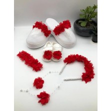 İrembaby Kırmızı Çiçekli Anne Bebek Lohusa Seti Pamuk Kumaş Terlik Taç Bandana Bebek Patiği