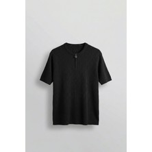 Abluka Online Erkek Regular Fit  Premium Fitilli Triko T-Shirt Siyah