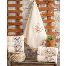 Hazangülü Collection Buldan Üretimi Çeyizlik Nakışlı Alya Kadife Krem 6’lı El/yüz Havlusu | 50X90