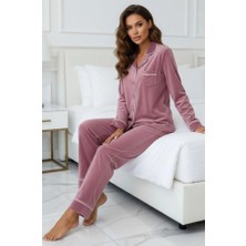 Pijamask Kadın Kadife Boydan Düğmeli Şerit Detaylı 2'li Pijama Takım