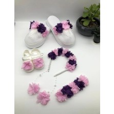 İrembaby Anne Bebek Logusa Seti Mor Pembe Çiçekli Terlik Taç Bandana Patik