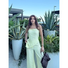 Madame Melek Kadın Premium Modal Kumaş Asimetrik Kesim Yırtmaçlı Bluz Palazzo Beli Lastikli Pantolon Takım