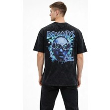 Erkek Asit Yıkamalı Oversize Tişört Future Worlds Baskılı Bisiklet Yaka Kısa Kollu Streetwear %100 Pamuk Street Style T-Shirt - Siyah