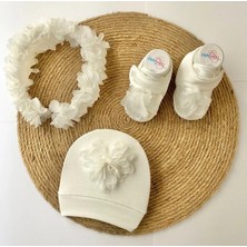 İrembaby Anne Bebek Lohusa Seti Beyaz Çiçekli Lohusa Tacı Bebek Ayakkabısı ve Bebek Şapkası Lohusa Takımı