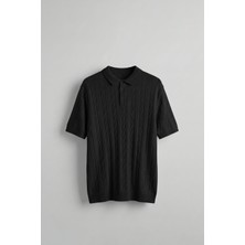 Abluka Online Erkek Regular Fit Saç Örgü Pamuklu Triko Polo Yaka T-Shirt Siyah