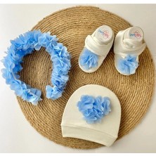 İrembaby Anne Bebek Lohusa Seti Mavi Çiçekli Lohusa Tacı Bebek Ayakkabısı ve Bebek Şapkası Lohusa Takımı