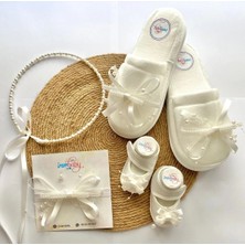 İrembaby Anne Bebek Lohusa Seti Beyaz Incili Lohusa Tacı Terliği Bebek Ayakkabı Bebek Saç Bandı Lohusa Takımı