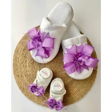 İrembaby Anne Bebek Lohusa Seti Lila Tüylü Fiyonklu Terlik ve Bebek Ayakkabısı Lohusa Takımı Çekim-Mevlüt