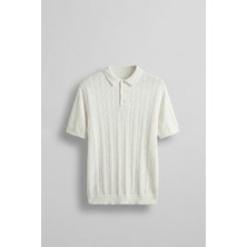 Abluka Online Erkek Regular Fit Saç Örgü Pamuklu Triko Polo Yaka T-Shirt Ekru