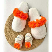 İrembaby Anne Bebek Lohusa Seti Turuncu Çiçekli Terlik ve Bebek Ayakkabısı Lohusa Takımı Çekim-Mevlüt