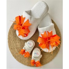 İrembaby Anne Bebek Lohusa Seti Turuncu Tüylü Fiyonklu Terlik ve Bebek Ayakkabısı Lohusa Takımı Çekim-Mevlüt