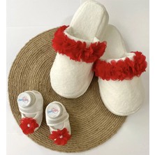 İrembaby Anne Bebek Lohusa Seti Kırmızı Çiçekli Terlik ve Bebek Ayakkabısı Lohusa Takımı Çekim-Mevlüt